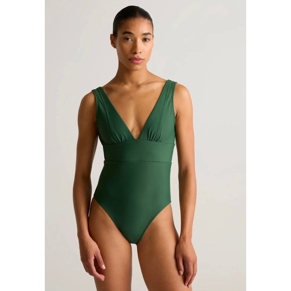 Quince Italian Plunge V-Neck Palm Green One Piece Recycled Swimsuit Large Womens